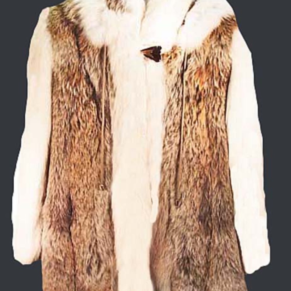 JACKET, COYOTE FUR, WHITE FOX SLEEVES, MISSES MEDIUM, FUR COLLAR & HOOD, BROWN/